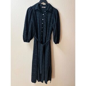Valentina Naldi Black Eyelet Cotton Midi Shirt Dress Made in Italy Small